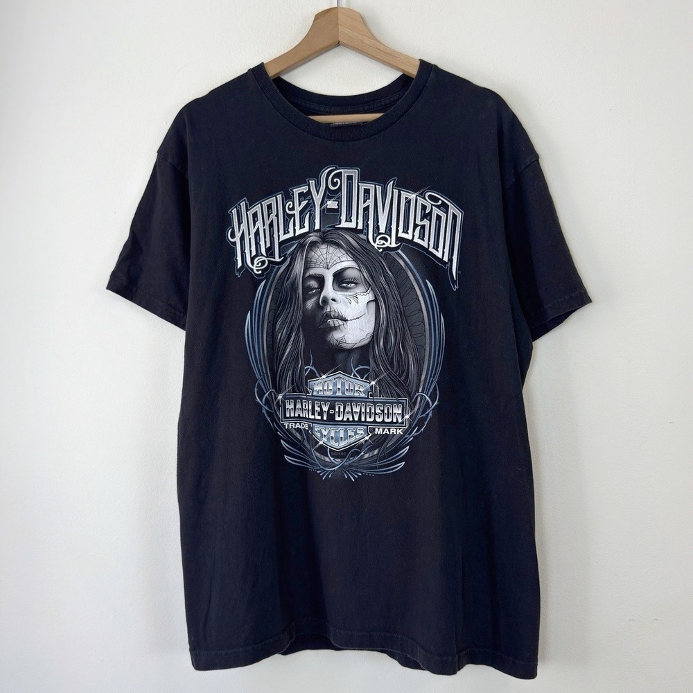 Vintage y2k Harley Davidson Biker Day Of The Dead Black Tee Shirt - Large